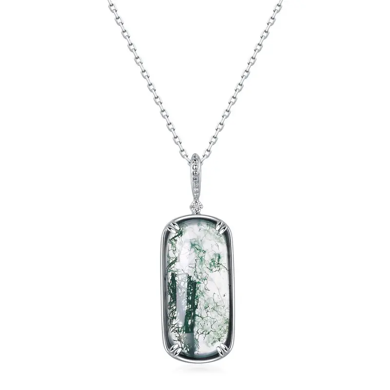 Wholesale 925 Sterling Silver Natural Green Moss Stone Trendy Pendant Necklace for Women