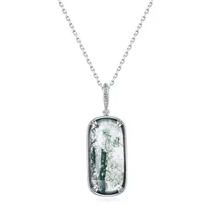 Vente en gros de collier pendentif tendance en pierre de mousse verte naturelle en argent sterling 925 pour femme