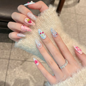 <span class=keywords><strong>Faux</strong></span> Ongles Multicolores Style Fruits 3D Cerise <span class=keywords><strong>Fraise</strong></span> Petits Diamants Amande Moyenne à Presser Ongles Artificiels - Product Image 1