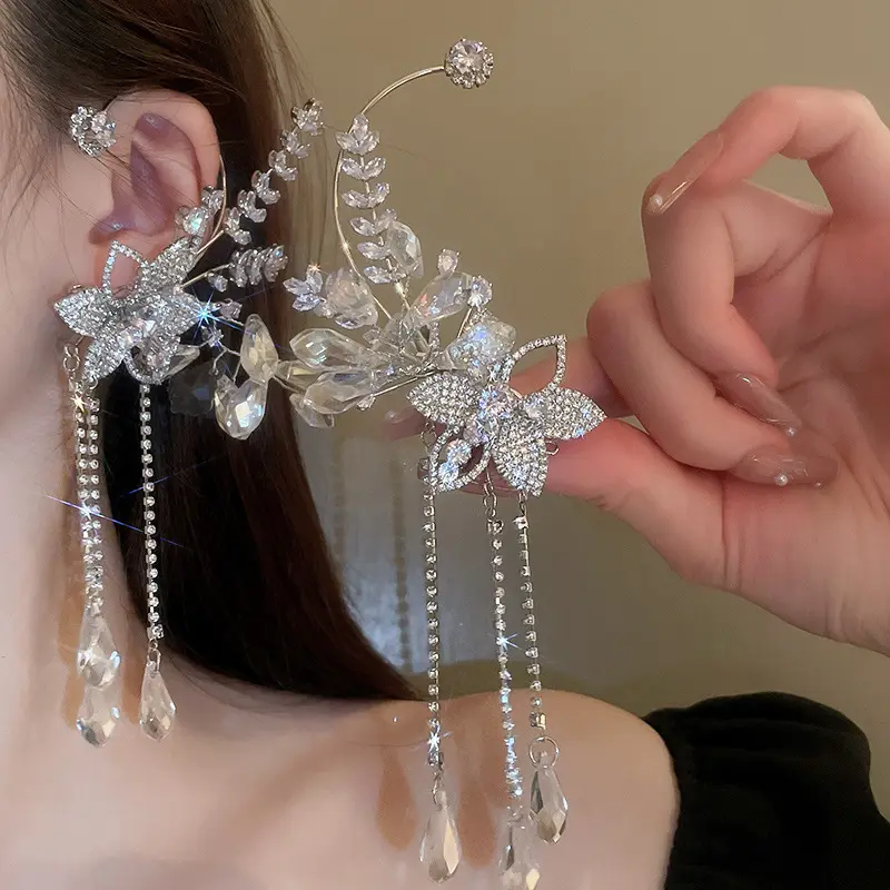 Mode trendi bunga berlian imitasi pengantin manset anting untuk wanita