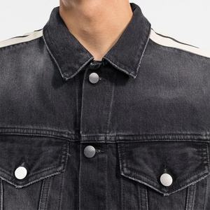 Vestes en tissu denim de coton, fabricant OEM sur mesure, veste en jean noire délavée avec manches latérales rayées blanches, coupe ajustée, style jean - Product Image 5