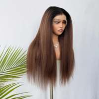 Perruque Lace Frontale Kinky Straight Marron Chocolat Sans Colle, Raie Libre, Couleur Naturelle, 100% Cheveux Humains Véritables