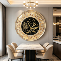 Décoration murale islamique moderne de luxe en calligraphie arabe dorée, script coranique, perle ronde, diamant, peinture lumineuse LED, cristal