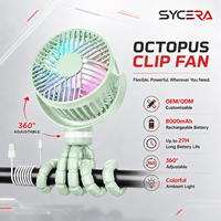 Ventilateur de bureau portable Octopus 8000mAh rechargeable, autonomie de 27h, support flexible, veilleuse LED pour siège de voiture, poussette, berceau