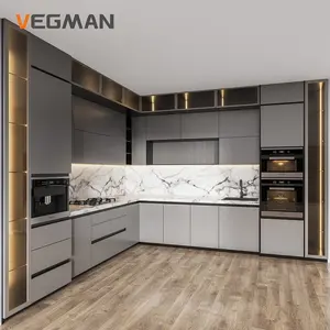 Lemari dapur marmer meja hewan peliharaan, Set perabot dapur kabinet dapur Modern Matte abu-abu untuk merakit