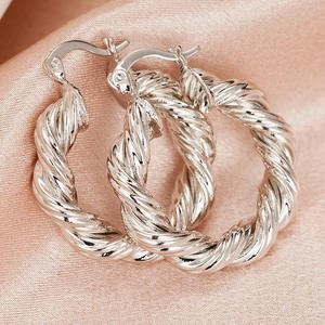 E4474 White Gold <b>Hoop</b> <b>Earrings</b> Classic Unisex <b>Fine</b> Jewelry 18K Plated Twisted Design - Product Image 4