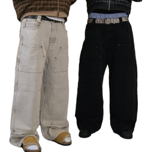 Jean en denim droit avec logo personnalisé, style streetwear, hip-hop, polyester/coton, délavé à l'acide, effet usé, respirant, cargo, double genouillère, coupe charpentier - Product Image 1