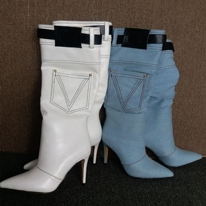 2021 New Fancy Half Knee High <b>Boots</b> Fashion Solid Pointed Toe Mid Calf <b>Boots</b> Denim With Belt New Winter Plus Size 47 - Product Image 3