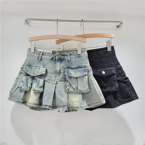 Peeqi R8945 toptan bahar 2024 kadın kot etek cep denim elbise seksi pilili etek vintage A-line etek kadınlar için