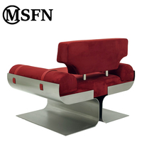 Chaise de loisirs moderne de luxe à dossier incurvé, structure en acier inoxydable, revêtement en tissu rouge bordeaux, accoudoirs cylindriques, durable, pour salle à manger