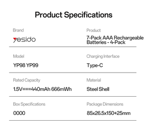 Batterie au lithium Yesido avec interface Type-C, 440 <span class=keywords><strong>mAh</strong></span>, 666 mWh, 1200 cycles de recharge, lot de 7 piles AAA rechargeables YP98 - Product Image 5
