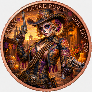 Koin suvenir tembaga berwarna 5oz 999 Fine Copper Round, Hari Orang Mati Koboi Barat Catrina Dual Revolver untuk koleksi - Product Image 1