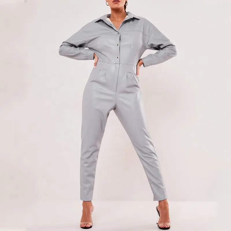 High quality custom wholesale women fashion cool grey faux pu leather jumpsuit ladies new styles ankle length pants