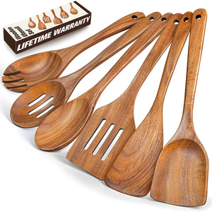 Juego de 6 utensilios de cocina de madera de teca natural con mango largo y cómodo, <span class=keywords><strong>que</strong></span> incluye cucharas, espátula, volteador y tenedor, <span class=keywords><strong>para</strong></span> utensilios de cocina antiadherentes. - Product Image 1