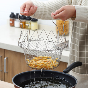 Stainless Steel Folding Frying Basket Round Mesh Oil Draining Kitchen Gadget For Vegetables And Frying Easy Cleaning - Product Image 2