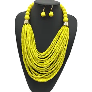 时尚服装多层亚克力种子珠子项链和耳环声明非洲传统项链珠宝套装女性