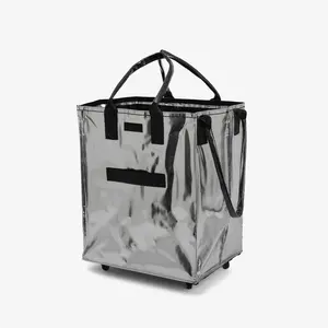 Custom Waterproof Polypropylene Shopping Bag Grocery Storage Travel Reusable Folding Trolley Handbag With Zipper Wheels Handle