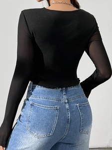 Top Corto Sexy de <span class=keywords><strong>Manga</strong></span> Larga para <span class=keywords><strong>Mujer</strong></span> Verano 2024, Novedad Estilo Europeo y Americano con Malla Calada al Frente, Talla XL, Camiseta de Algodón - Product Image 6