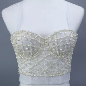 性感白色紧身胸衣珍珠顶部水钻紧身Y2k作物节日服装仙女夏季2021网眼吊带背心1784