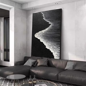Hand Painted Oil <b>Painting</b> Waves Chasing Black White Textured Abstract Art Rectangle Metal <b>Frame</b> Entryway Living Room Wall Decor - Product Image 3