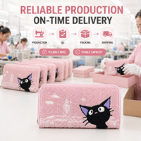 Dompet Wanita Motif Kucing Bordir Chenille, Resleting, Bahan Lembut, Lucu, Warna Pink, Dompet Kartu dan Uang Koin