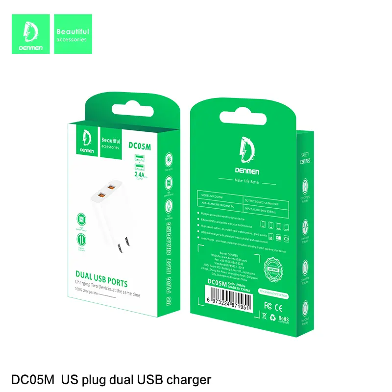 DENMEN Factory Großhandel 12W US Plug Wall Charger weiß Dual Usb Wall Charger für iPad für iPhone