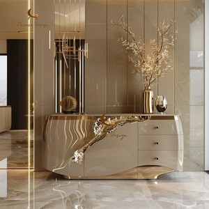 Luxury Curved Gloss <b>Console</b> Cabinet Unique Wavy <b>Gold</b> Metal Spacious Storage Space Minimal Modern Residential Entrance - Product Image 1
