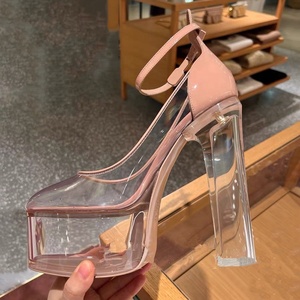 Nouvelles Sandales d'été pour femmes en PVC, à talons hauts épais et plateforme transparente, ornées de cristaux, avec boucles de cheville, couleur abricot - Product Image 4