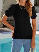 Chemisiers Femme Printemps-Été 2026 – Pulls Tricotés à Manches Courtes Bouffantes, Col Rond, Couleur Unie, Blouses Décontractées Tendance en Viscose Lavable