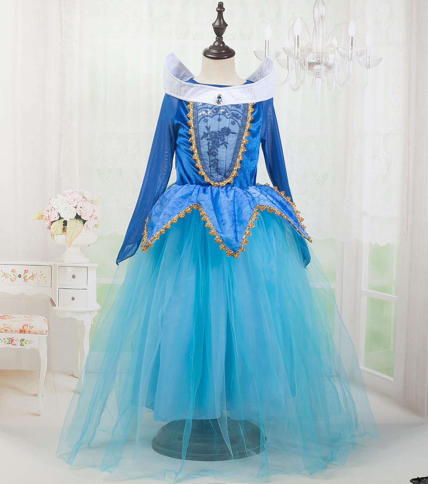 ReliBeauty Robe Princesse Belle – Déguisement Enfant Manches Longues – Set Complet Couronne, Gants, Baguette – 3-11 Ans – Polyester