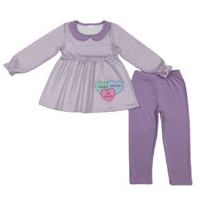 GLP3262 RTS Conjunto de Ropa para Niña Pequeña con Bordado de Corazón y Rayas Moradas, Venta al por Mayor, Manga Larga - Product Image 1