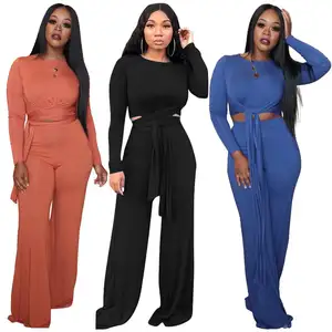 Women Casual Two Pieces Sets Soft Long Sleeve Bandage Tops + Pockets Wide Leg Long Pants Solid 2 Pieces Set Feminino Suits