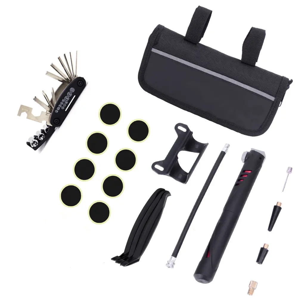 Kit de herramientas de reparación de bicicleta, Mini herramienta portátil para bicicleta de montaña, Kit de parches de neumáticos para ciclismo, juego de agujas de bomba de inflado con bolsa