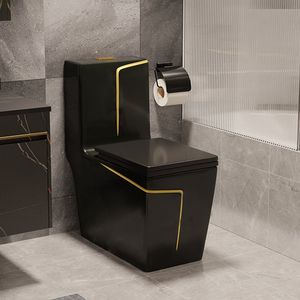 Juego de Inodoro Moderno Sanitario de <span class=keywords><strong>Baño</strong></span> Cuadrado de Una Pieza con Lavabo <span class=keywords><strong>y</strong></span> Taza de Cerámica Negro <span class=keywords><strong>y</strong></span> Dorado - Product Image 3