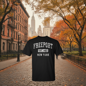 Freeport New York Est 1853 T-shirt vintage nera unisex taglia adulto - Product Image 3