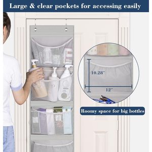 Organisateur de porte à 5 poches en tissu gris clair pour placard, chambre et salle de bain, rangement de rangement avec crochets pour un rangement bien organisé - Product Image 4