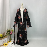 Robe Abaya pour femmes musulmanes à prix réduit, trois couches, manches à volants, imprimé fleurs colorées, fermeture éclair au dos, 9071 #