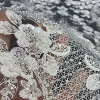 Tela de Encaje Blanco Porcelana para Vestidos de Novia, Bordada con Cuentas y Lentejuelas, con Perlas