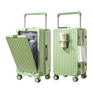 Multifunctional Wide Trolley Luggage Bag Front Open Suitcase With Laptop Cup Holder And Charging Port Luggage