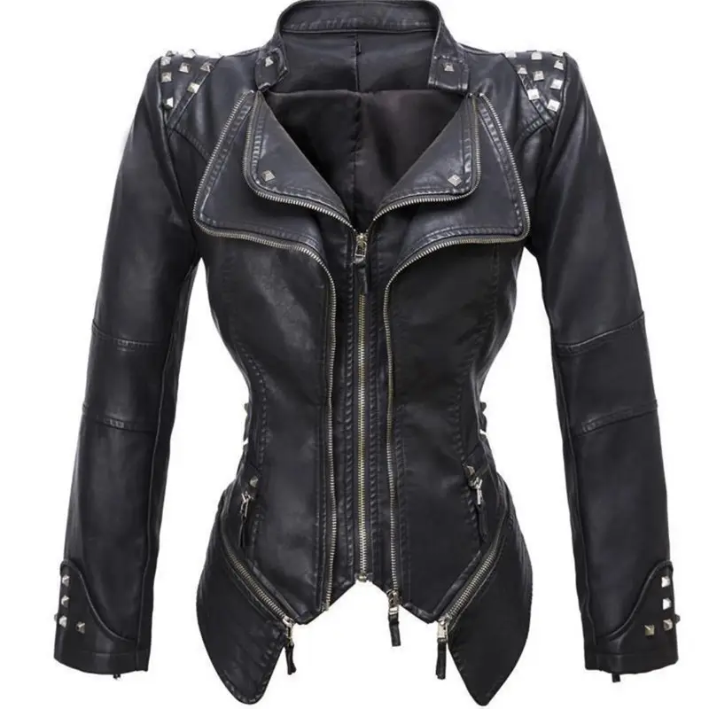 Dovetail slim waist PU jacket motorcycle suit with color rivet leather jacket