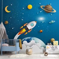 Papier peint sur mesure, décoration murale pour chambre d'enfant, astronave et carte, art mural en soie