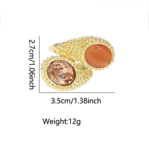 Elegante Anillo Abierto de Dos Tonos con Piedras Preciosas, Chapado en Oro, Ojo de Gato Naranja y Cristal Champán, Joyería de Diseño para Mujer - Product Image 4