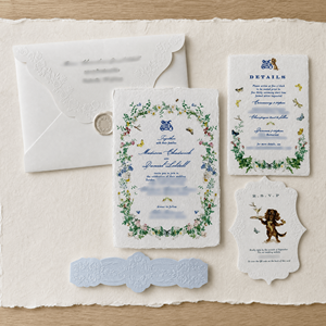 Suite d'invitations de mariage en papier fait main à bords festonnés, invitations florales aquarelles avec sceau de cire et enveloppe, cartes de mariage personnalisées - Product Image 3