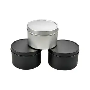 Caja de velas de hojalata de metal plateado negro de 8OZ, lata de impresión personalizada de forma redonda para velas