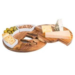 Wooden Cheese Cutting Board Set Wood Cheese Serving Platter Board With 3 Knife Set