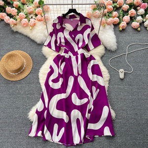 Nuevo Vestido Casual de Gasa para Mujer, Cuello en V, Manga Corta, Cuello Camisero, Estampado en Contraste, Largo Midi, para Primavera, Otoño y la Hora del Té - Product Image 6