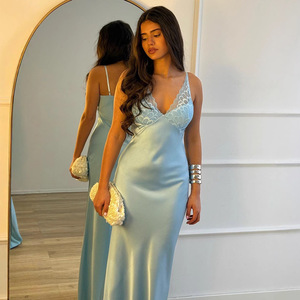 Elegant V-Neck Backless Slip Dress With Lace Trim Sheer Layer Evening Wear - Product Image 1