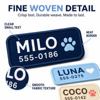Étiquette d'identification personnalisée tissée pour animaux de compagnie, pour harnais, gilet ou sacoche, texte clair, numéro de contact, légère, avec fermeture auto-agrippante, badge nominatif personnalisé