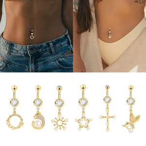 Piercing De Ombligo Pearl Charm Pendant Stainless Steel Bar Belly Navel Piercing Jewelry For Women