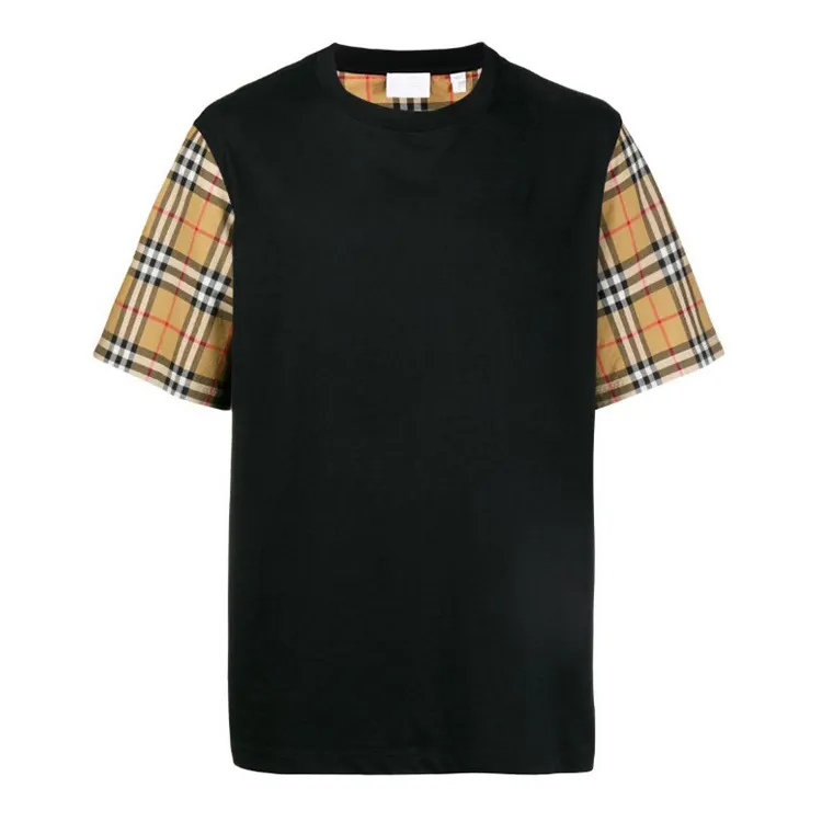 Finch Garment Summer High Quality Casual 100% Cotton Shirts Men's Crew Neck Black Check Sleeves T-shirt